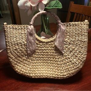 LC Lauren Conrad Tan Woven Tote with Pink Polka Dot Accents